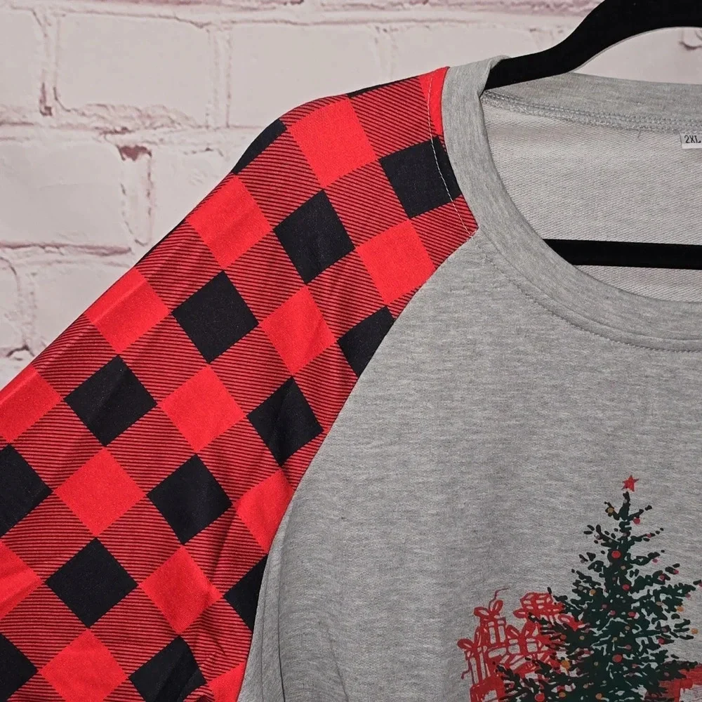 Merry Christmas Red Truck Christmas Tree Presents Plaid Sleeves Women’s Size 2x - Picture 4 of 9